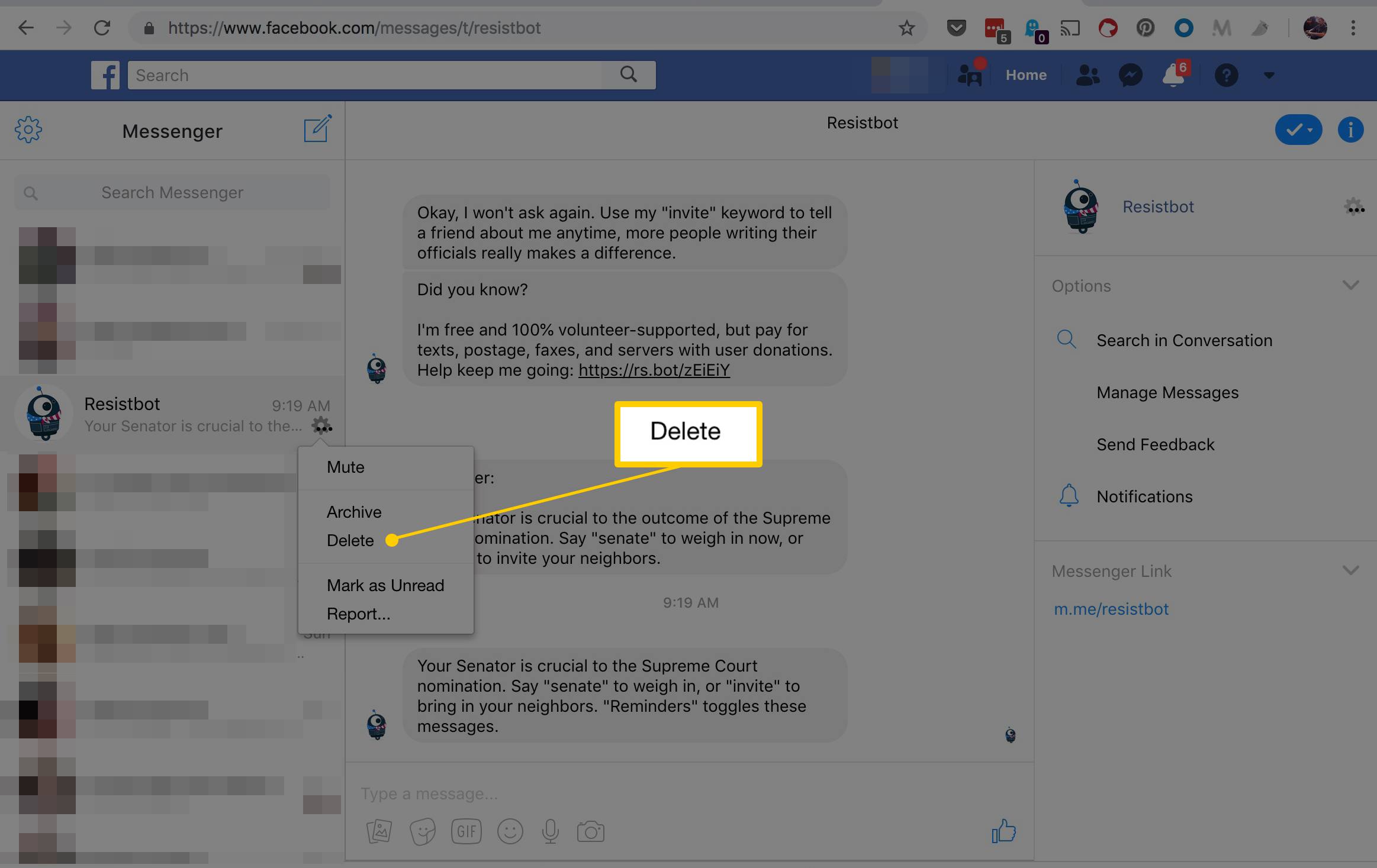 how to delete chat history on facebook app