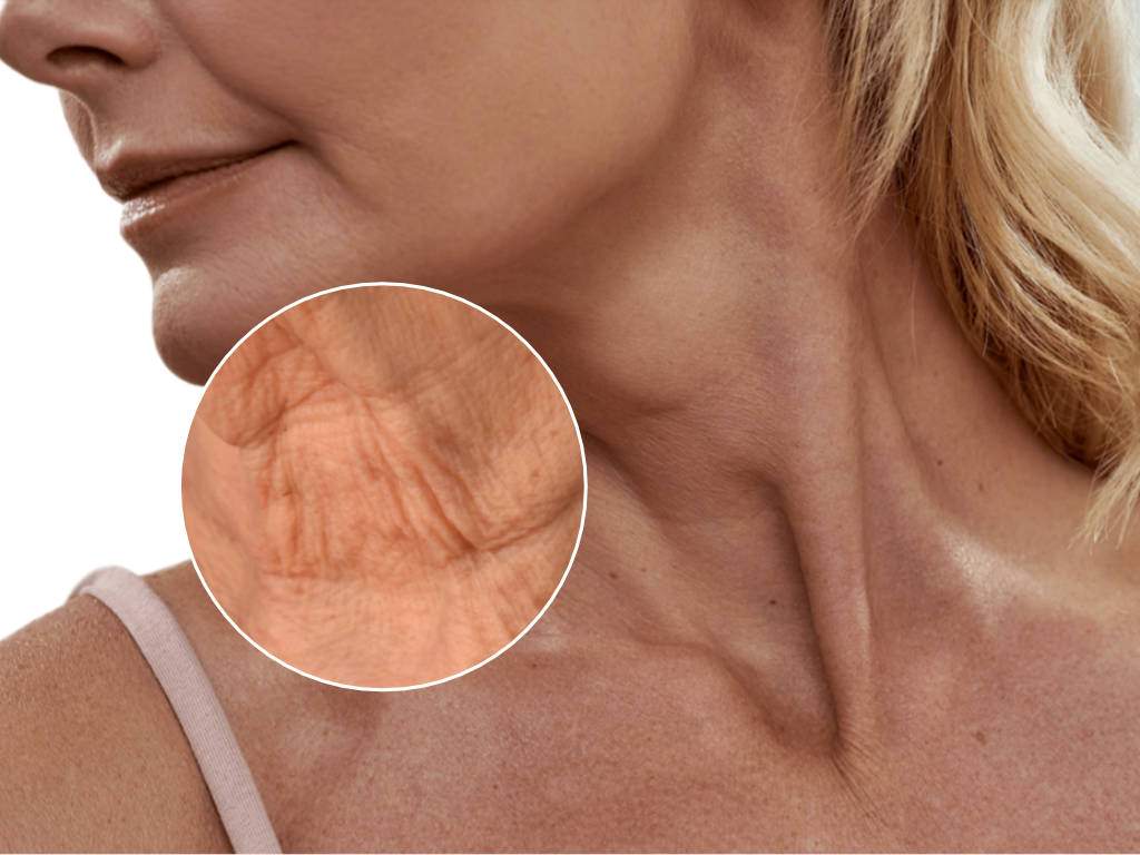 Before-and-after photo of smoothed neck skin after anti-wrinkle treatment.